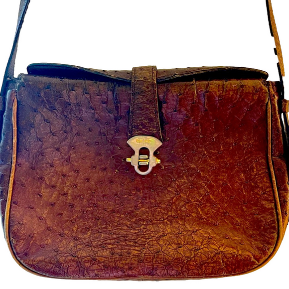CELINE Ostrich Skin Crossbody Flap Top Purse With Adjustable Strap & Gold Clasp - Picture 7 of 8